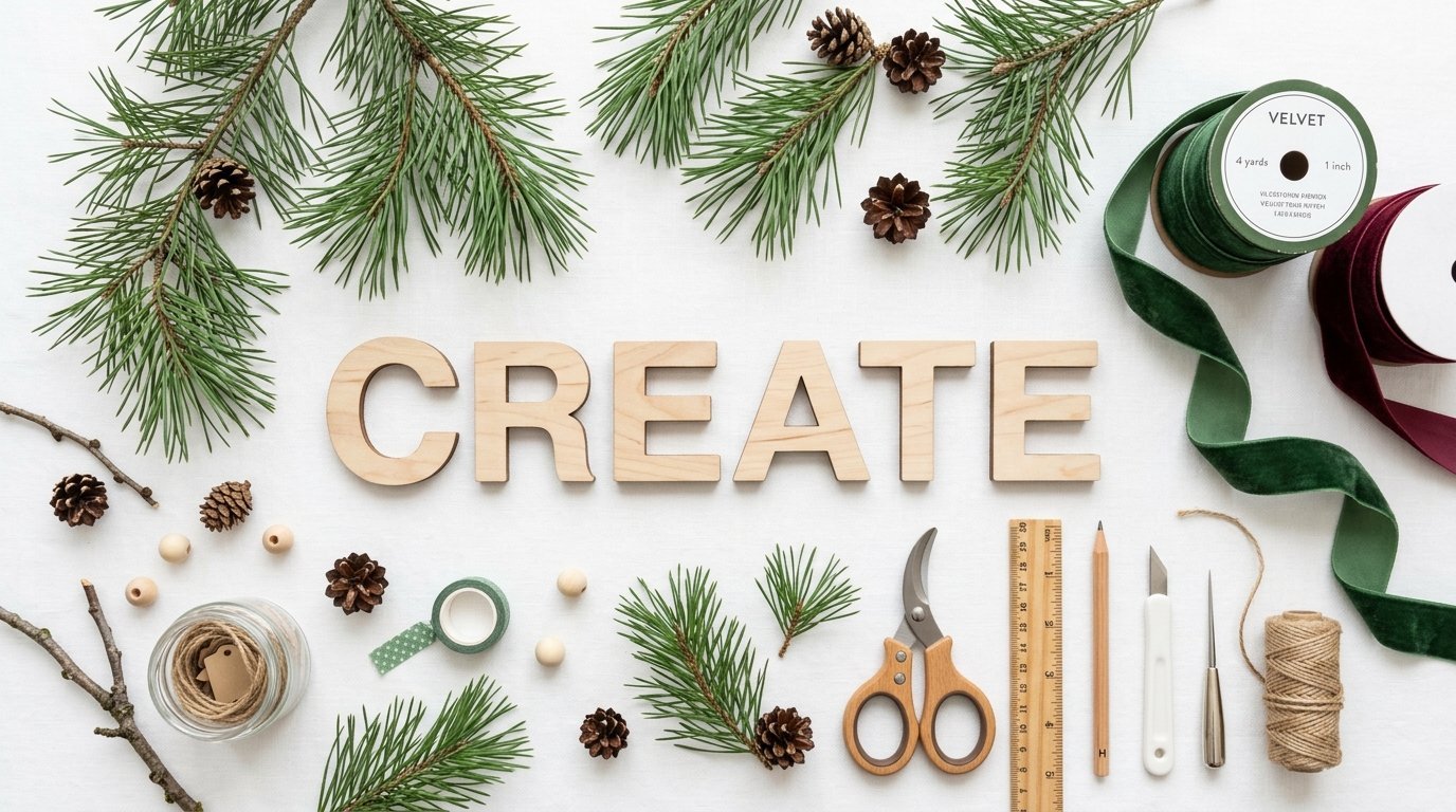 Wooden CREATE sign on white fabric with pine branches, velvet ribbon, scissors, and small pinecones.