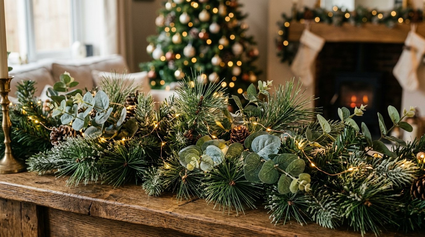 Close up of a festive table centerpiece with evergreen branches, eucalyptus, pinecones, and tiny warm fairy lights.