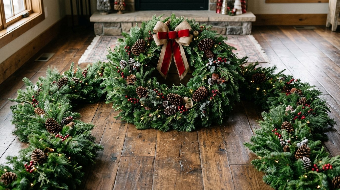 A festive wreath and long garland made of pine branches, pinecones, red berries, and lights on a hardwood floor.