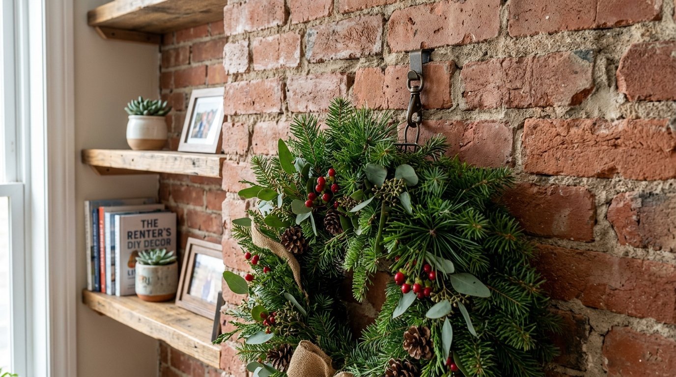 Close up of a Christmas wreath with pine cones and berries hanging on a textured red brick wall near wooden shelves.