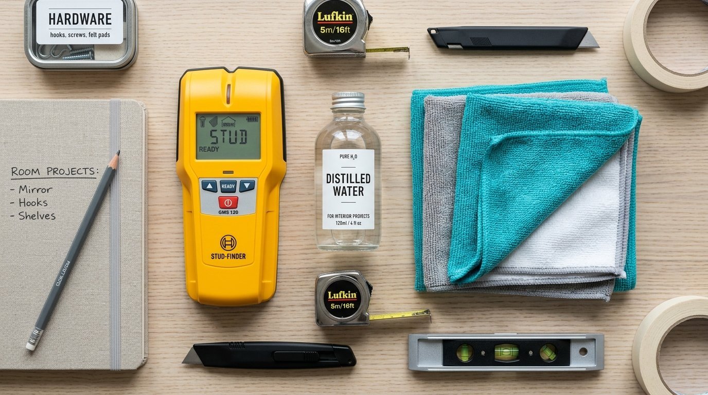 A yellow stud finder, tape measures, utility knives, and cleaning cloths arranged neatly on a light wood surface.