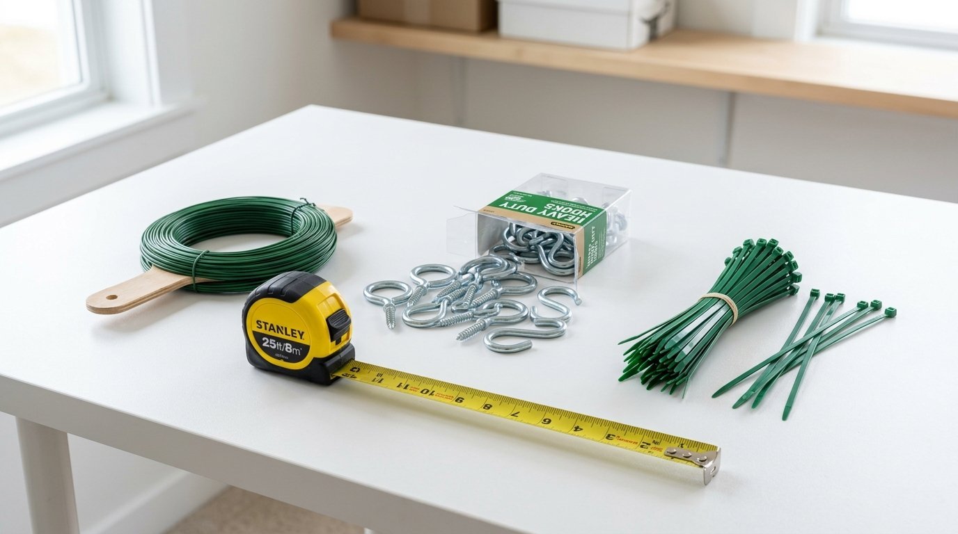 DIY project supplies including a measuring tape, screw hooks, garden wire, and green plastic cable ties on a desk.