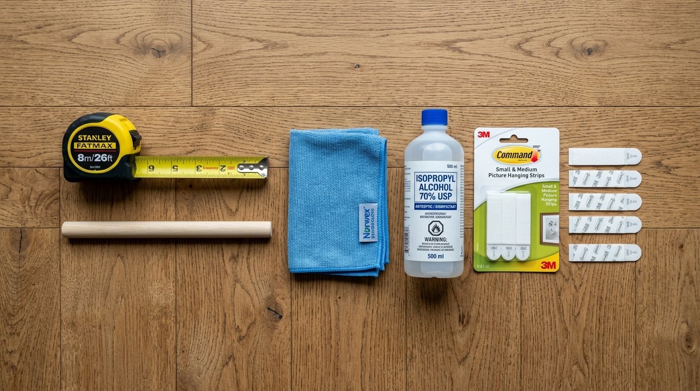 Measuring tape, wooden dowel, blue cloth, rubbing alcohol, and Command strips organized on a wood floor.