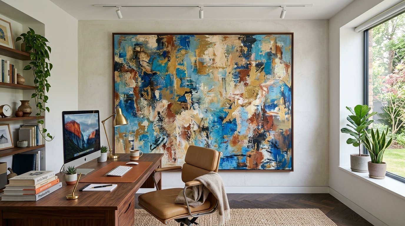 A leather office chair and wooden desk set before a massive textured painting in blue, gold, and brown tones.