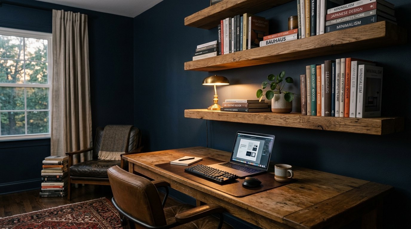 A rustic desk with a laptop and lamp sits in a home office featuring navy walls, floating shelves, and a leather chair.