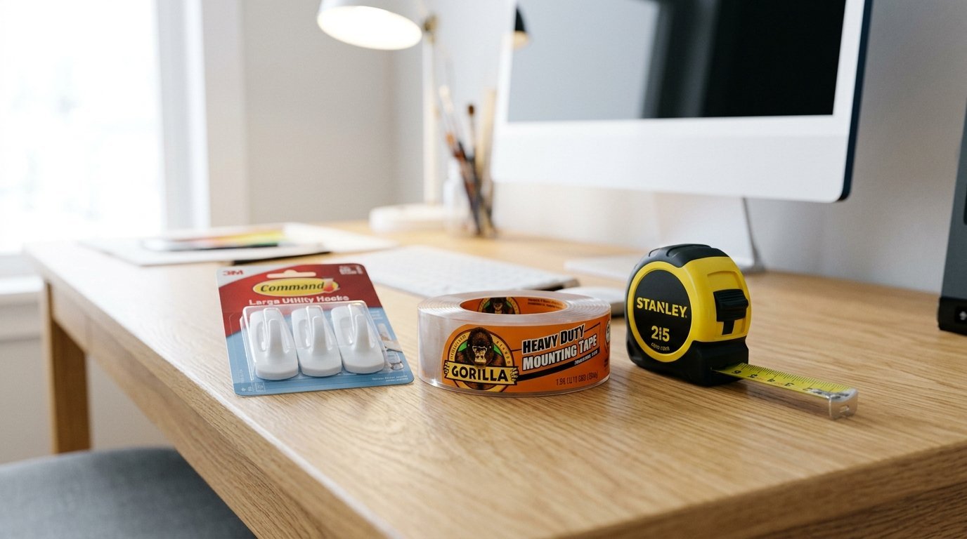 Three adhesive and measurement tools sitting on a clean wooden desktop near a computer monitor.