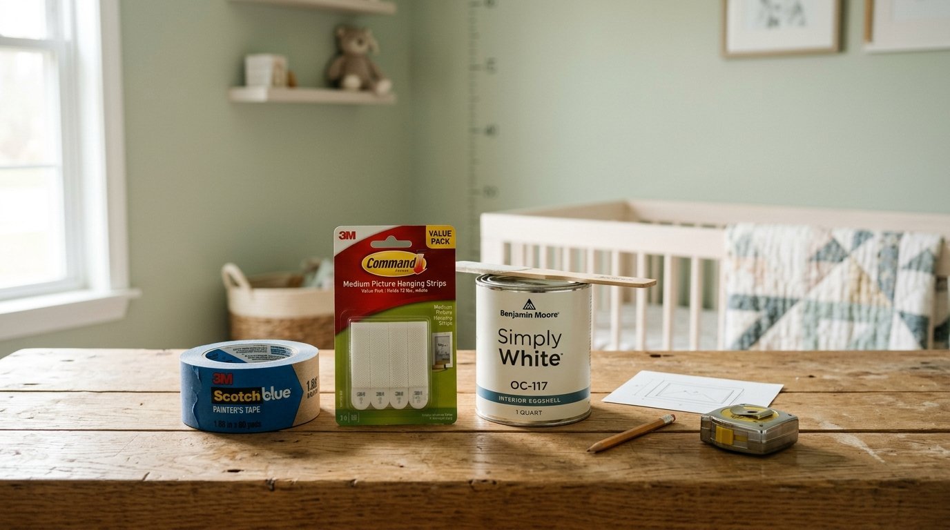 Blue painter's tape, Command strips, and a can of white paint on a table in a nursery.