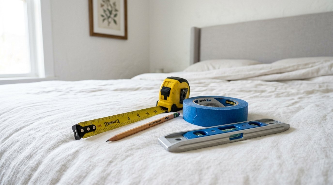 Measuring tape, pencil, blue tape roll, and metal level placed on a linen bedspread for a home project.