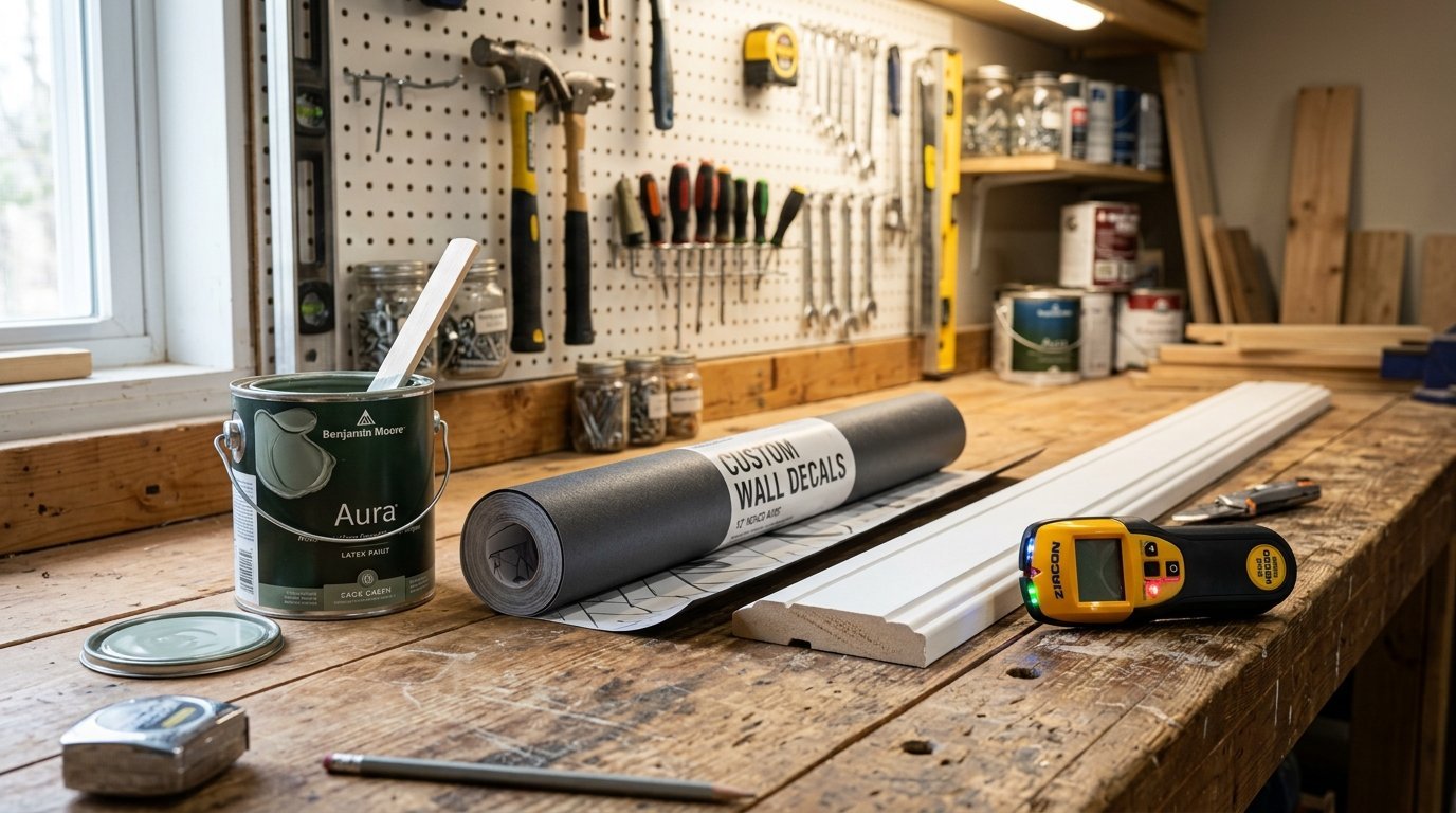 A paint can, wallpaper roll, molding, and stud finder sitting on a cluttered workshop table.