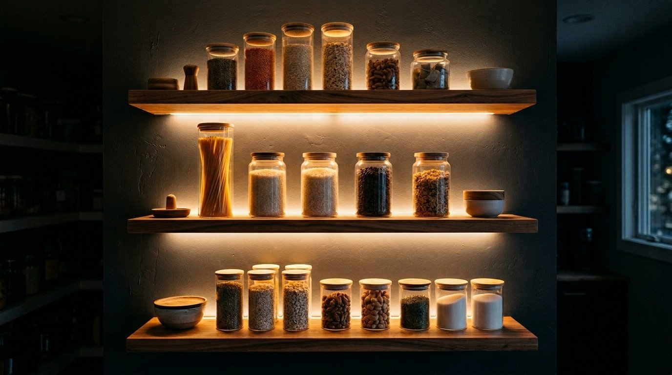 Warm under-cabinet lighting illuminates glass canisters filled with grains and nuts on wooden kitchen wall shelves.