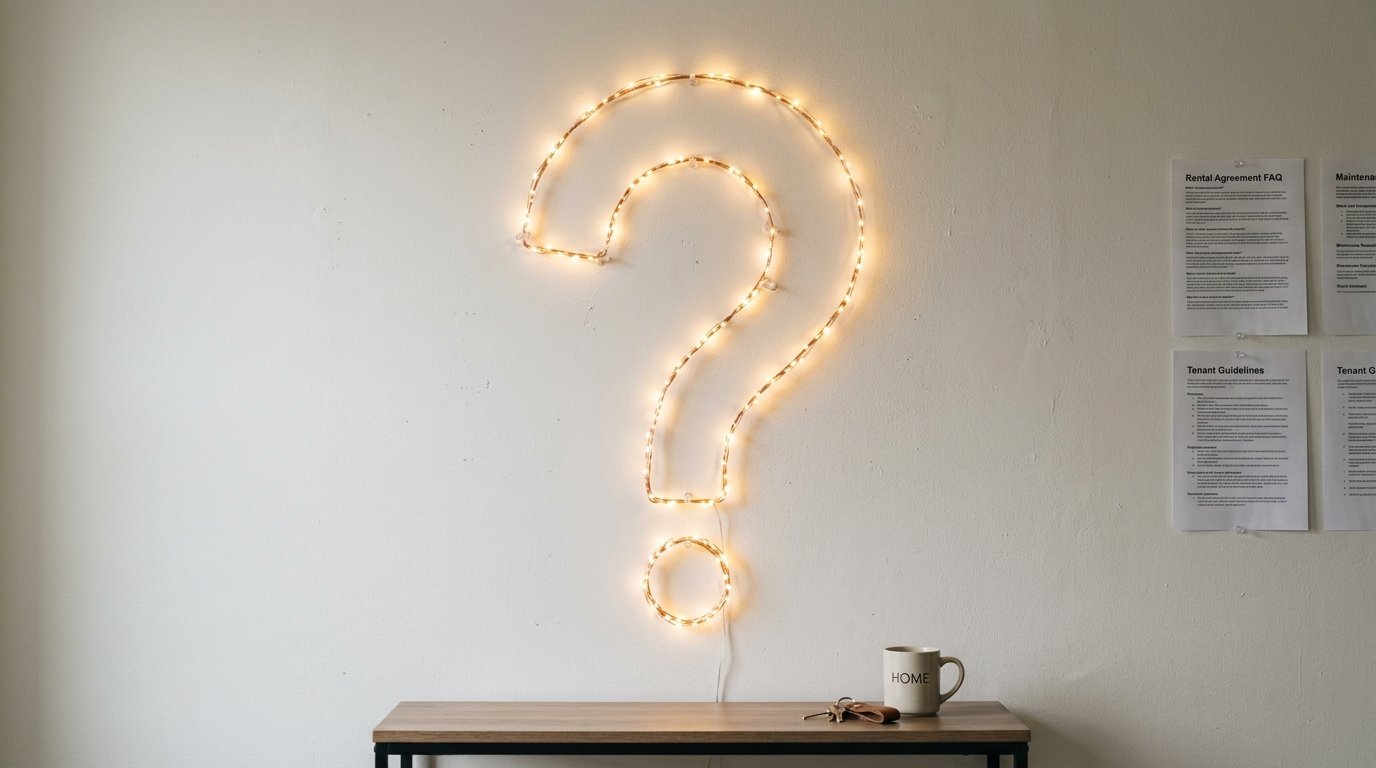 Fairy light question mark hanging above a desk with a mug and keys.