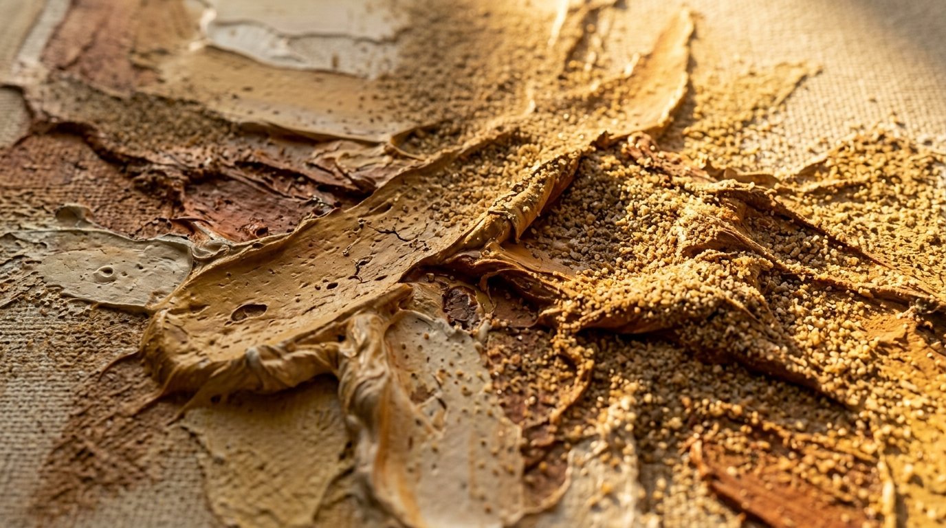 Close-up of a brown and beige impasto painting featuring gritty sand mixed into thick dried paint layers.