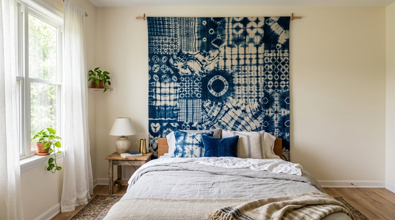 Blue and white tie-dye fabric wall art hanging above a bed with neutral linens and wood furniture.