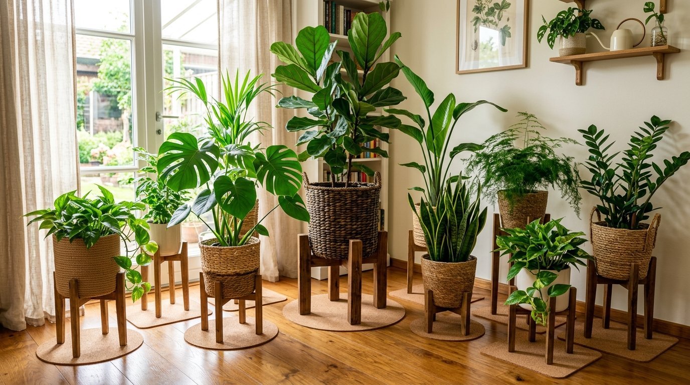 Group of various potted houseplants including a monstera and fiddle leaf fig displayed on individual wooden planters.