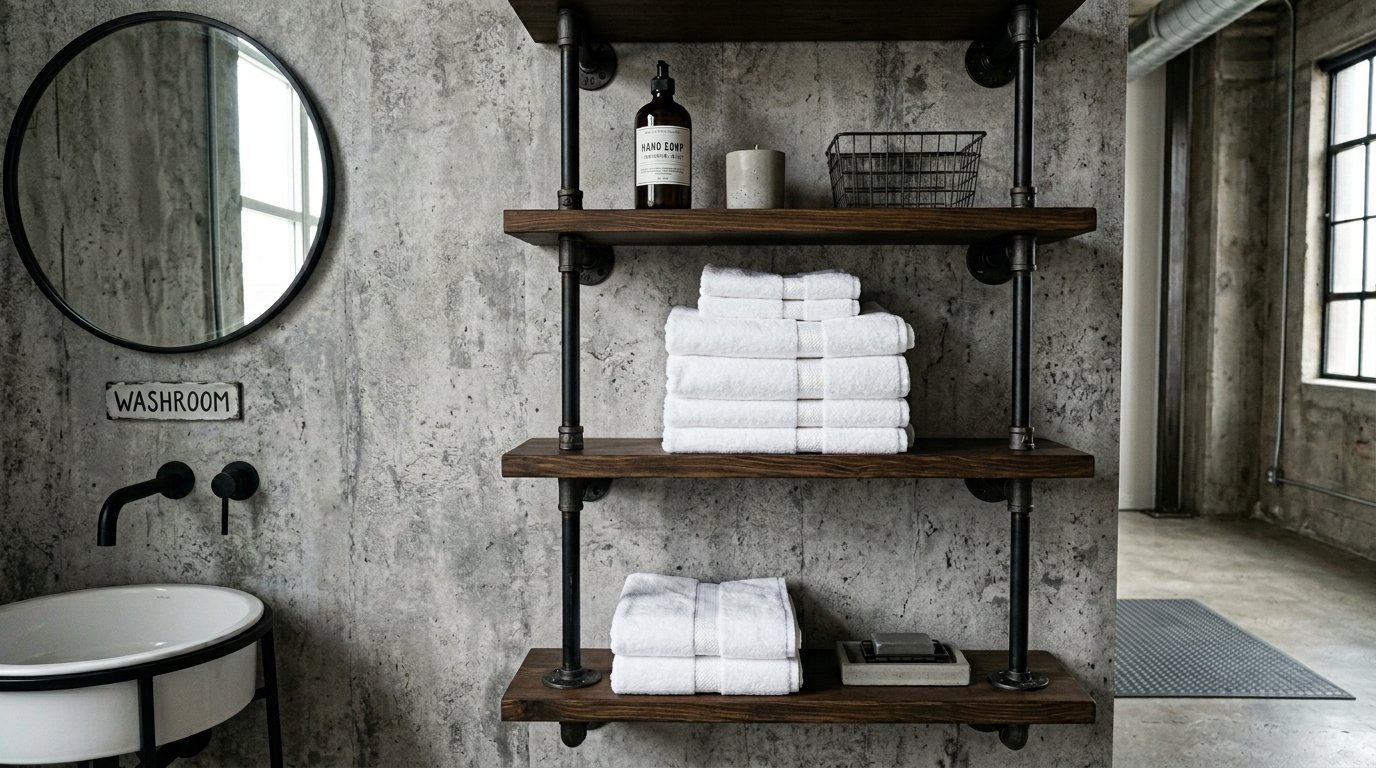 Concrete bathroom featuring rustic wood shelves held by iron pipes with neatly folded white towels.
