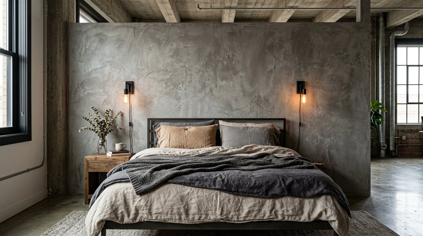 A metal bed frame centered against a textured concrete wall with two Edison bulb wall lamps and neutral bedding.
