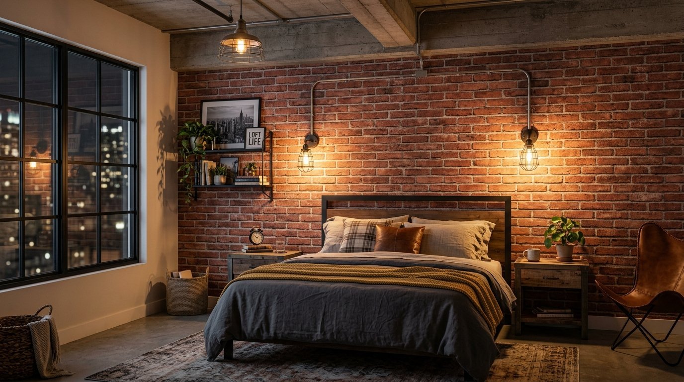 A rustic bedroom with a queen bed, exposed brick wall, industrial wall lamps, and a view of a city at night.