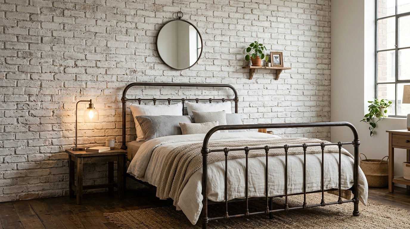 A vintage-style iron bed with white linen bedding and a knitted throw blanket in a room with a round mirror.