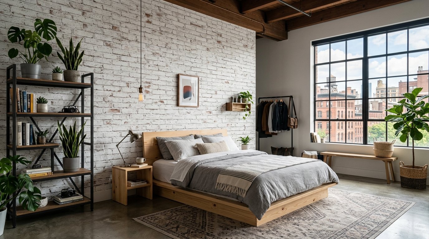 Modern loft bedroom with white brick walls, wooden bed, and large windows overlooking a city skyline.