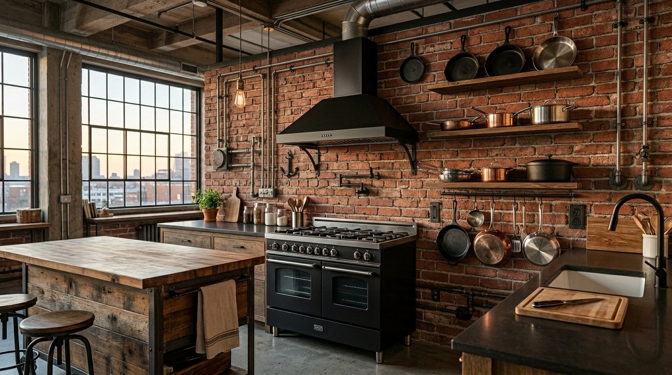 A rustic kitchen featuring a brick wall, open shelving with cookware, and a large black oven in a city loft setting.