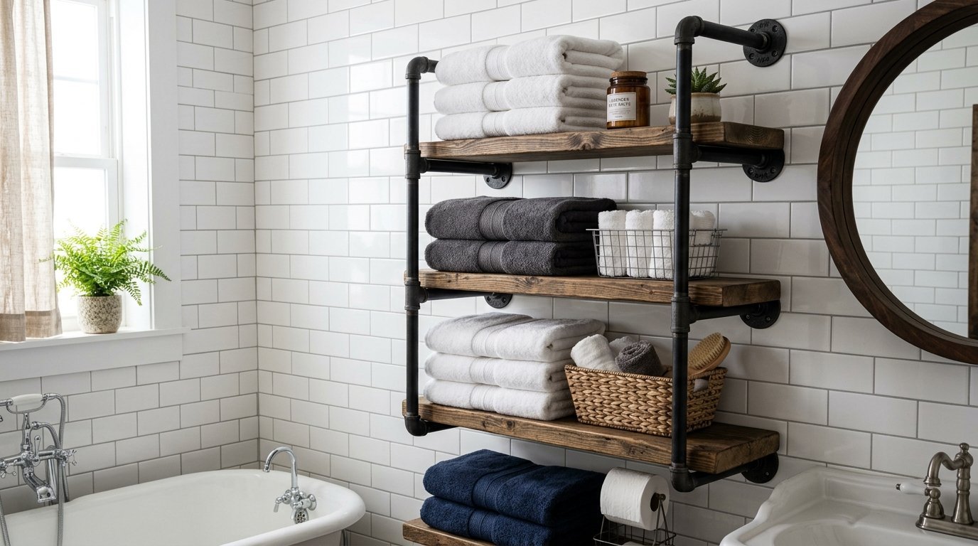 Wall mounted metal pipe shelves holding stacks of folded towels and bathroom accessories in a white tiled room.