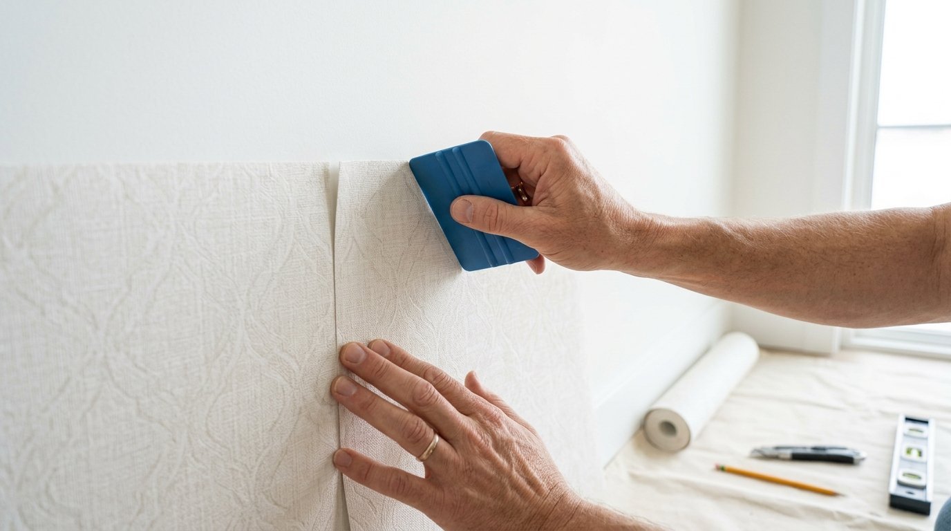 Close-up of hands applying textured wallpaper with a blue plastic smoothing tool.