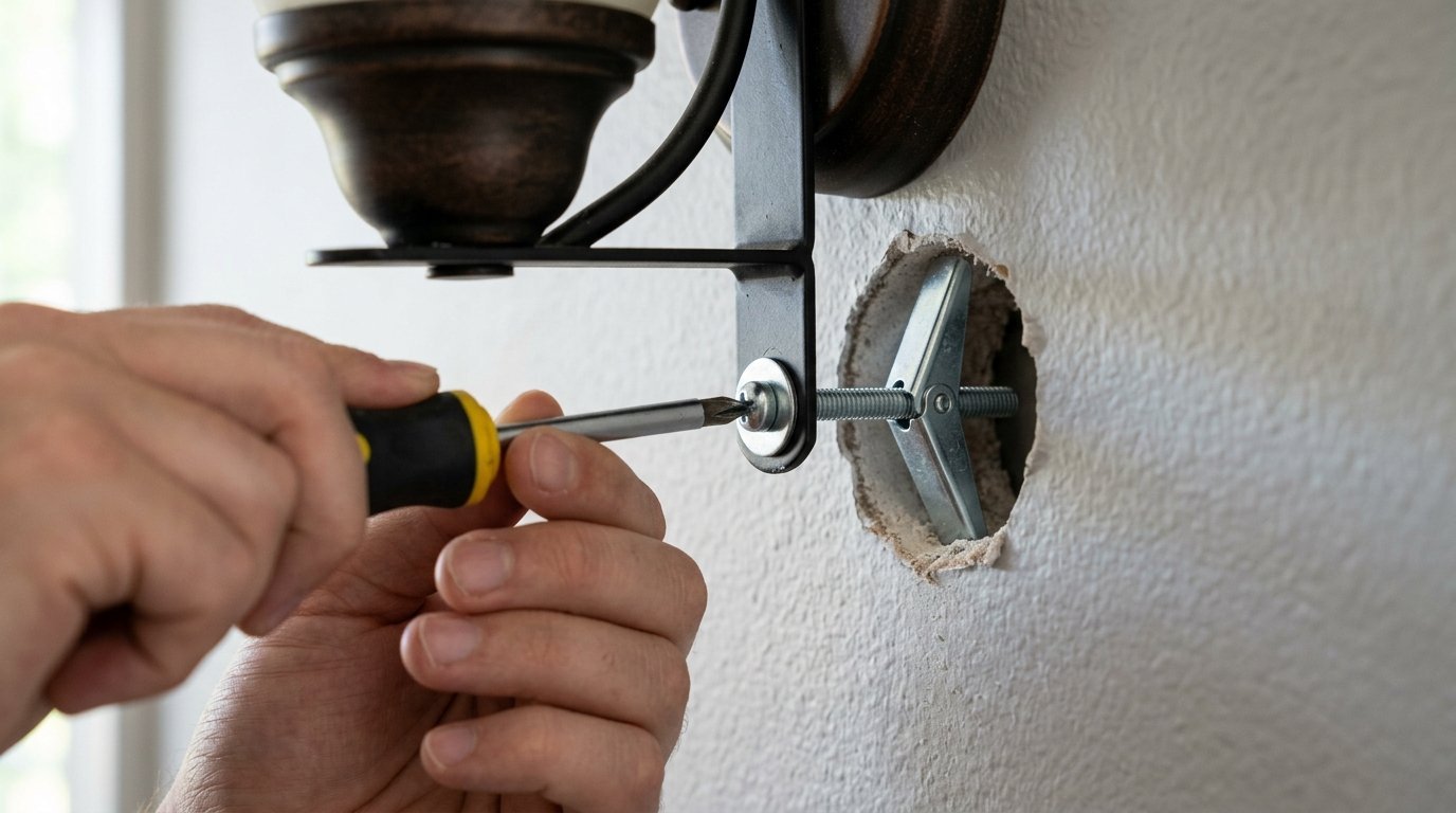 Close-up of hands using a screwdriver to tighten a toggle bolt for a light fixture mounted to a drywall wall.