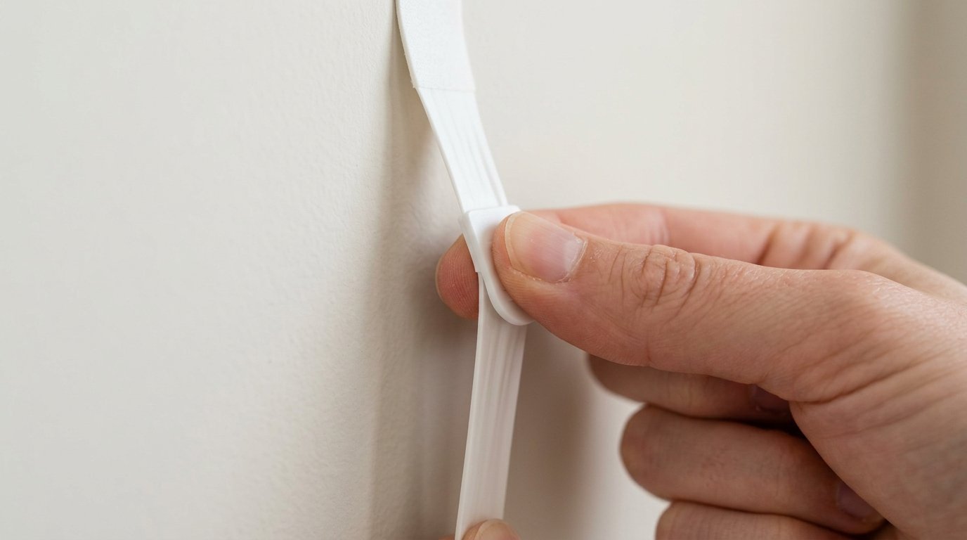 Hand pressing a white plastic adhesive tab against a plain wall surface.