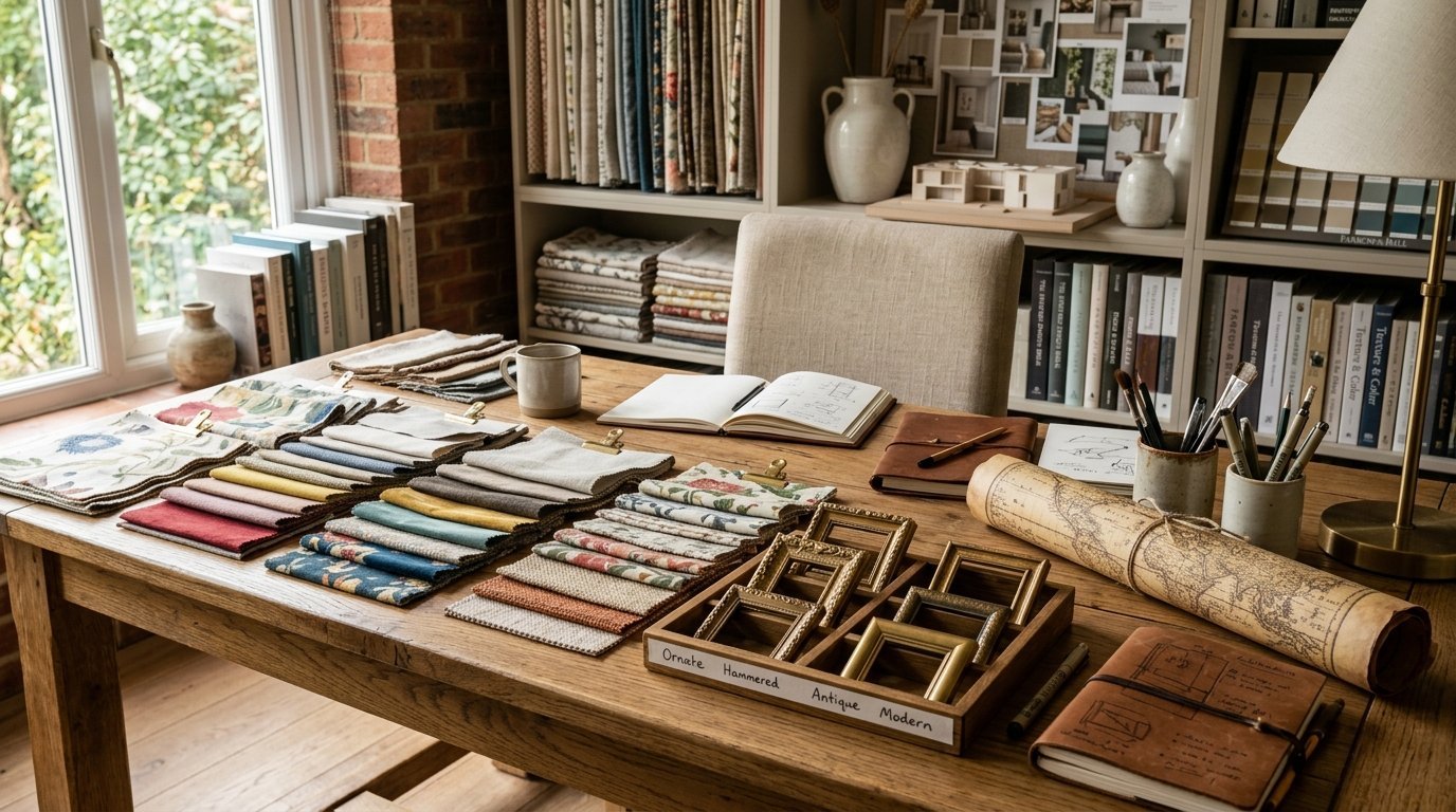 Wooden desk featuring organized fabric swatches, small picture frames, an open notebook, and a rolled map.
