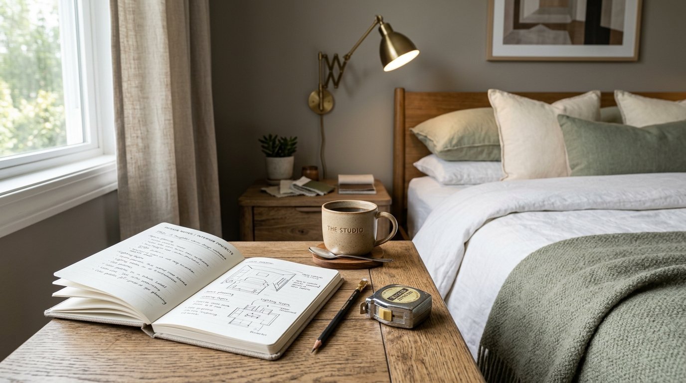 An open sketchbook showing floor plan drawings next to a coffee mug, pencil, and tape measure in a cozy bedroom.
