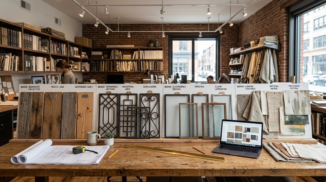 A design studio desk with wood, metal grid, glass, and fabric samples displayed on a white board with blueprints.