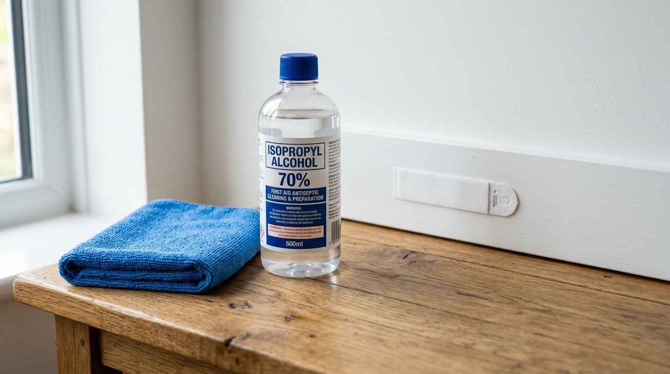 Clear plastic bottle of antiseptic alcohol next to a folded blue cleaning rag on a wooden surface.