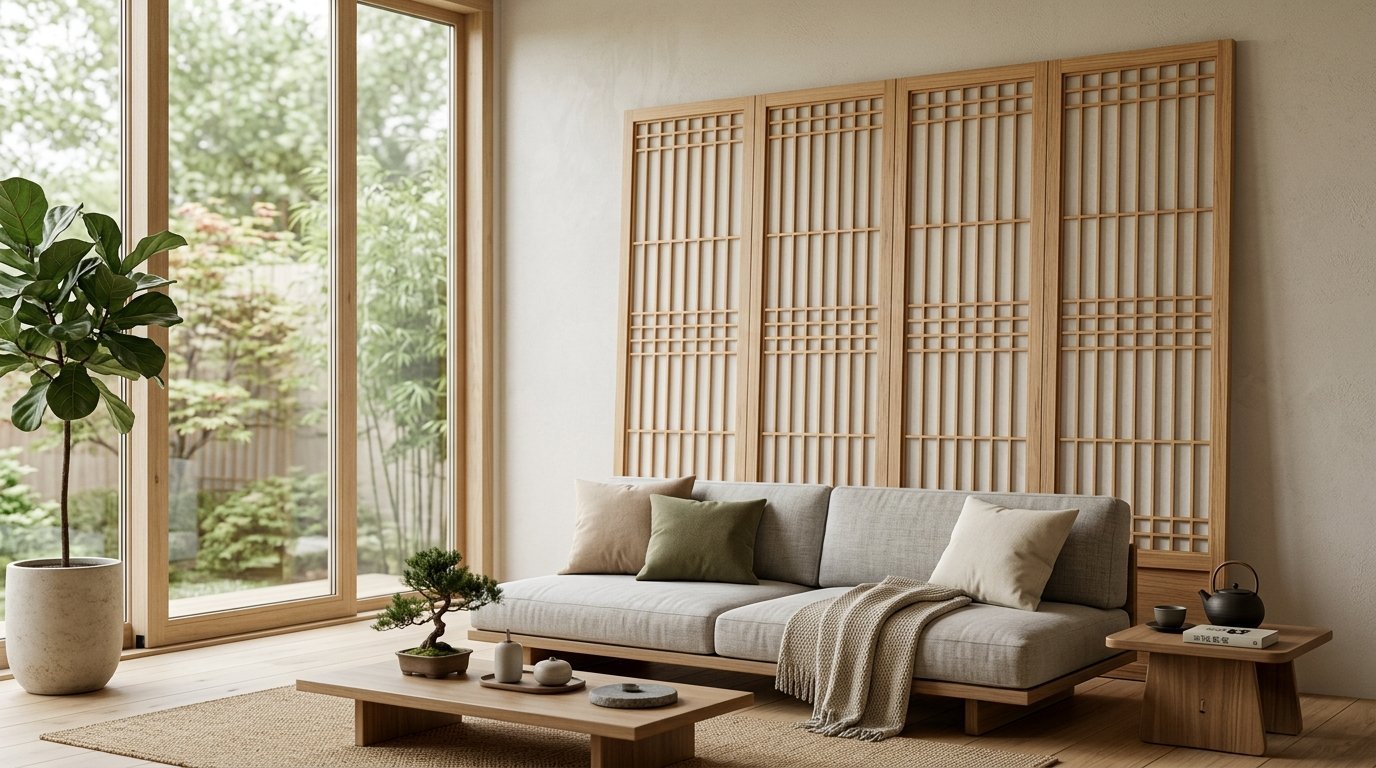 Modern interior with a neutral sofa, wooden latticework panels, and a small bonsai tree on a low coffee table.