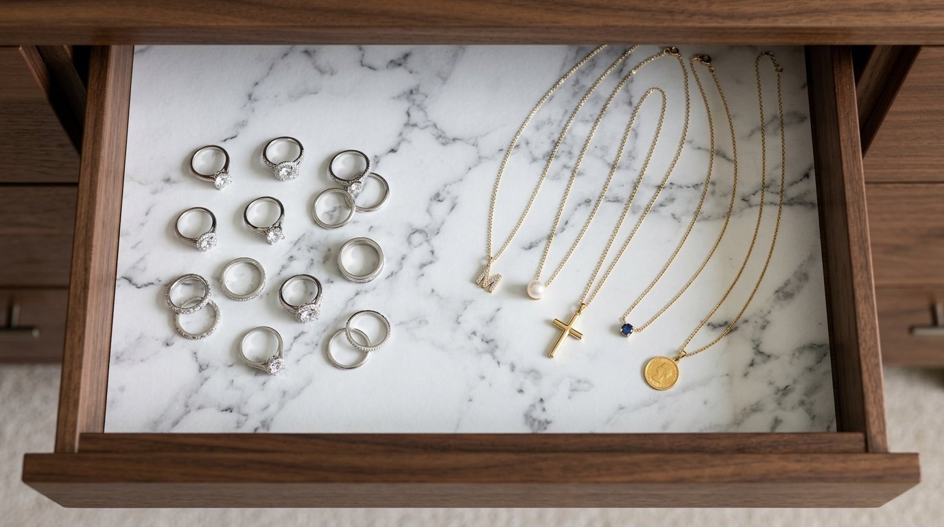 Several gold chain necklaces and silver rings arranged inside a wooden drawer lined with white marble contact paper.