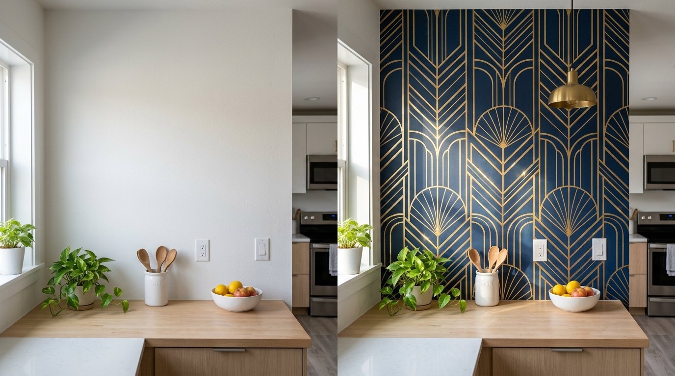 Comparison of a plain white kitchen wall versus a wall with geometric blue and gold patterned wallpaper.