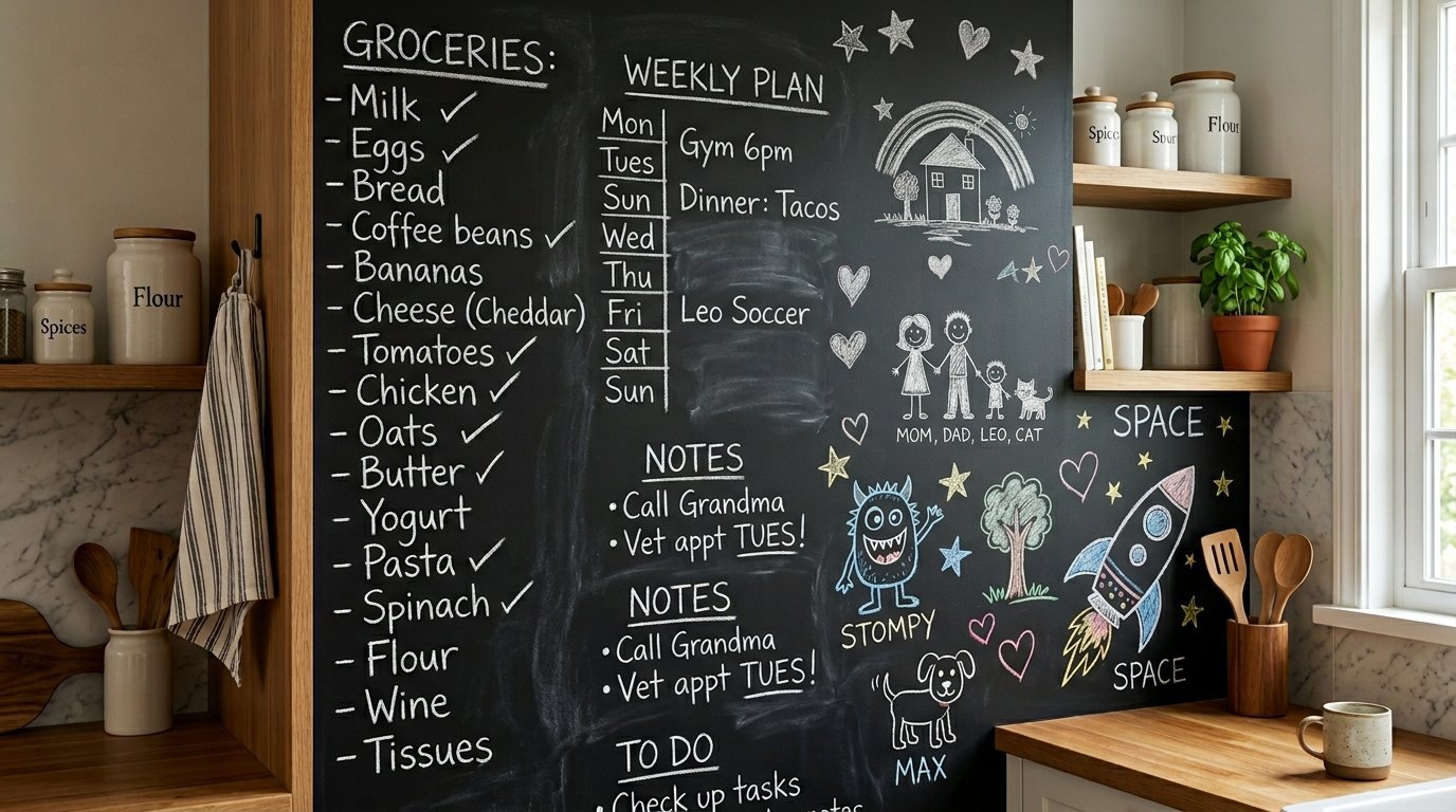 A kitchen wall painted with chalkboard paint displaying a grocery list, weekly schedule, and colorful children's drawings.