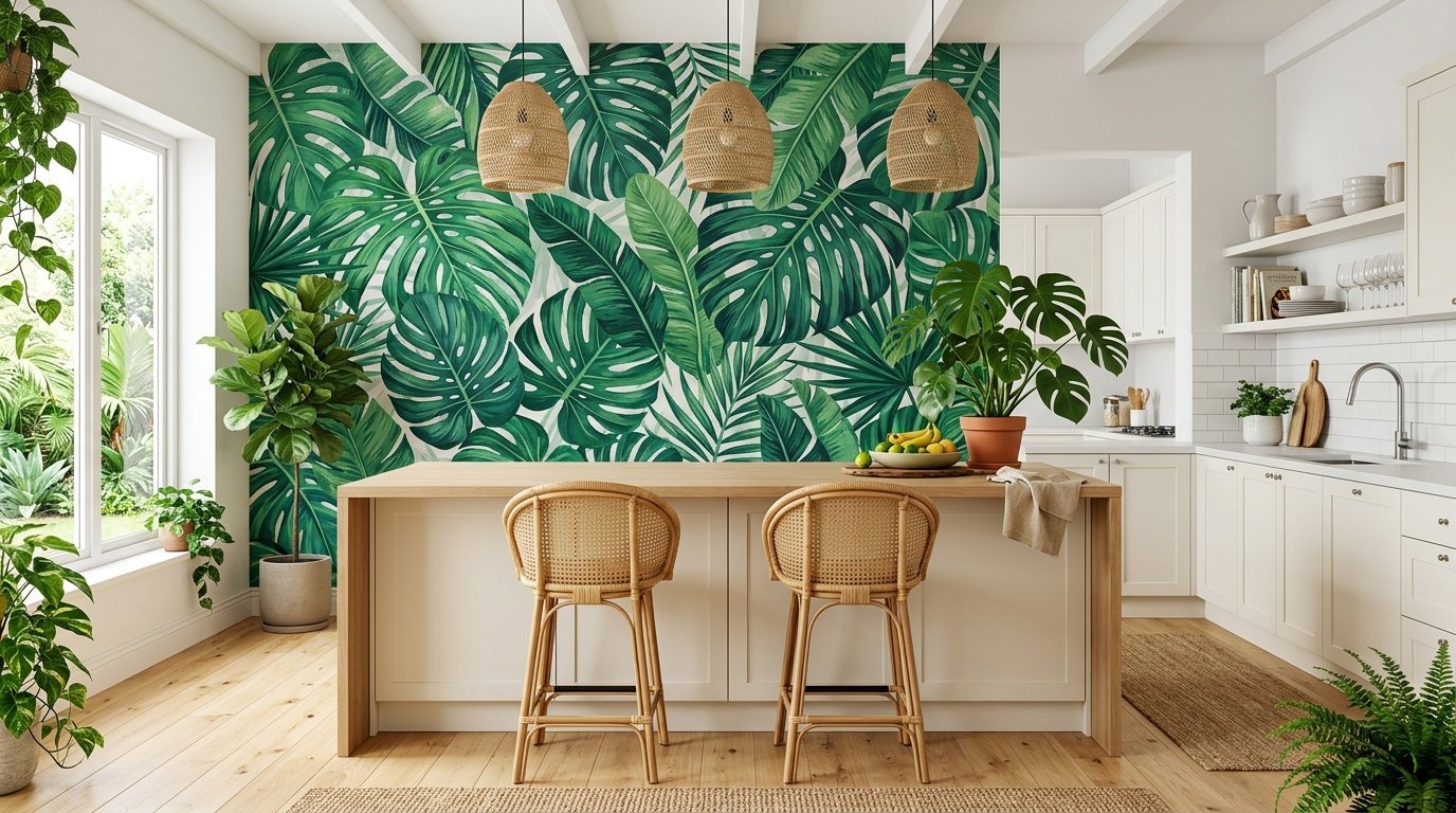 A kitchen island with rattan stools sits before a large wall covered in green monstera and palm leaf wallpaper.