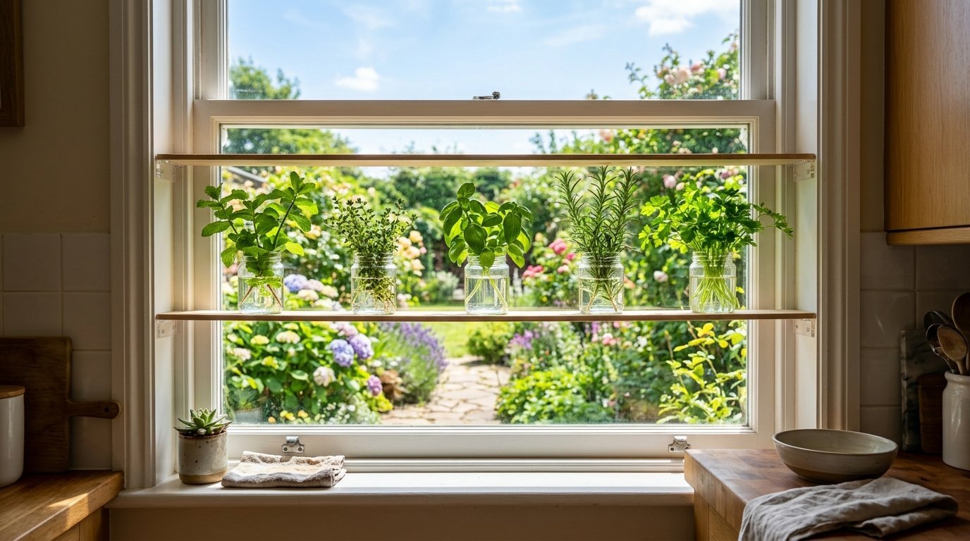 Five glass jars containing fresh herbs sit on two narrow wooden shelves inside a bright kitchen window frame.
