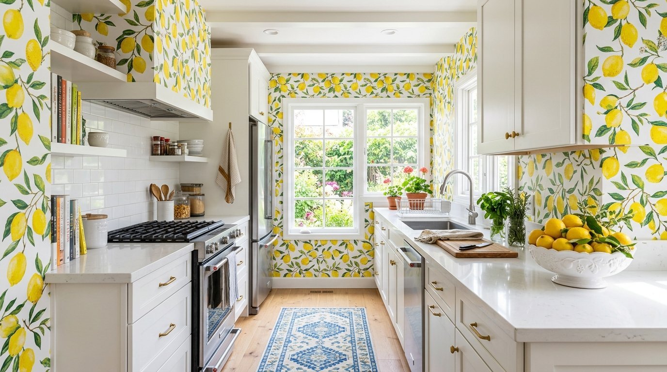A narrow kitchen with white cabinets, marble counters, and playful yellow lemon wallpaper on the walls.