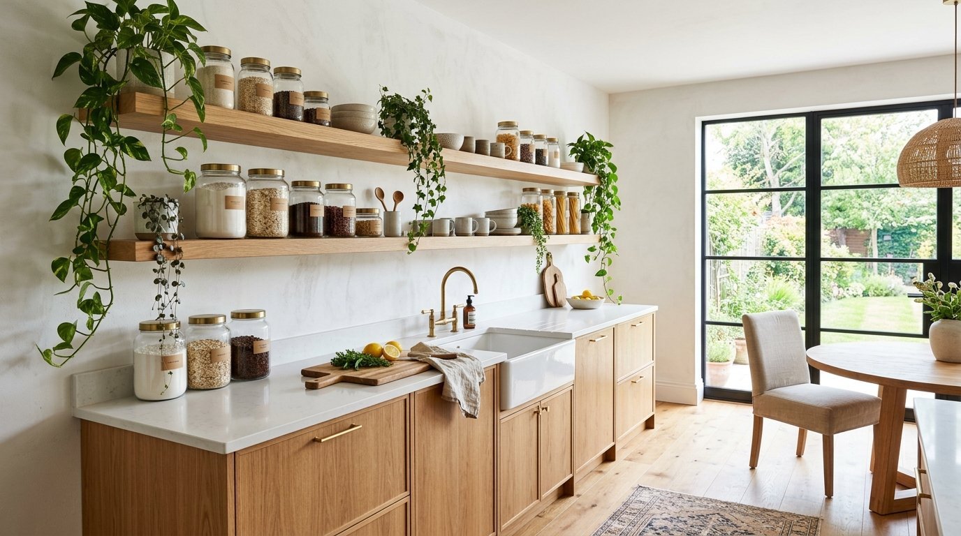 Kitchen With Oak Shelves