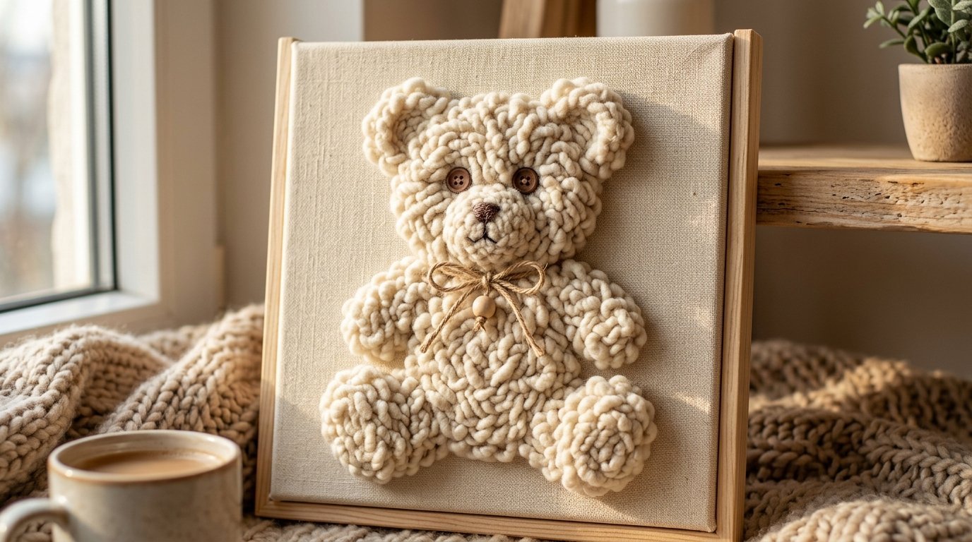 A beige 3D knitted teddy bear decoration on canvas sitting on a cozy knitted blanket near a window.