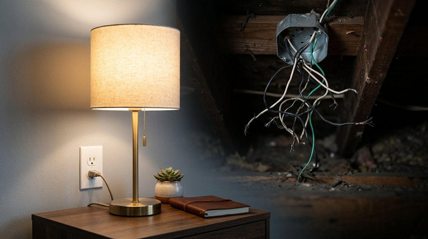 A glowing table lamp on a nightstand transitions into an image of exposed electrical wires in a dark wooden attic space.