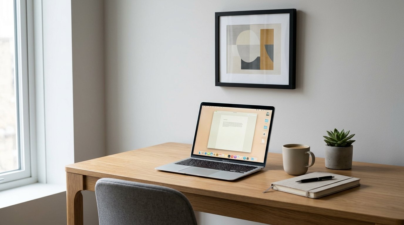A laptop open on a wooden desk next to a coffee mug, succulent, and notebook, with framed art on the wall.