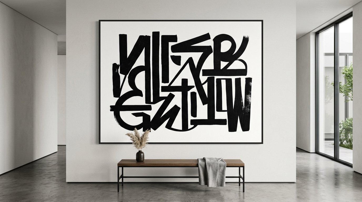 Bold black and white calligraphic artwork hanging above a wooden bench with pampas grass in a vase.