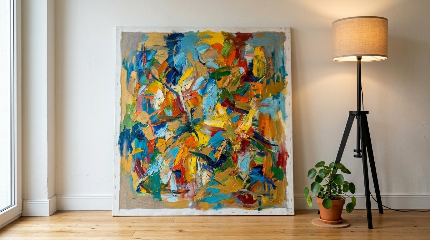 Colorful textured artwork on canvas standing on a wooden floor next to a tripod lamp and small potted plant.