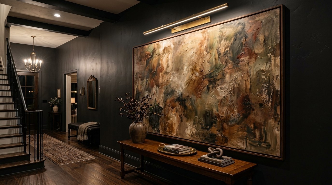 A dark, elegant interior hallway with a massive textured oil painting illuminated by a sleek linear wall light.