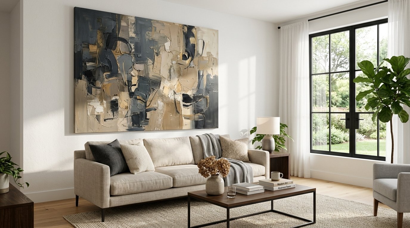 A beige couch with gray pillows beneath a massive dark abstract canvas painting in a bright home interior.