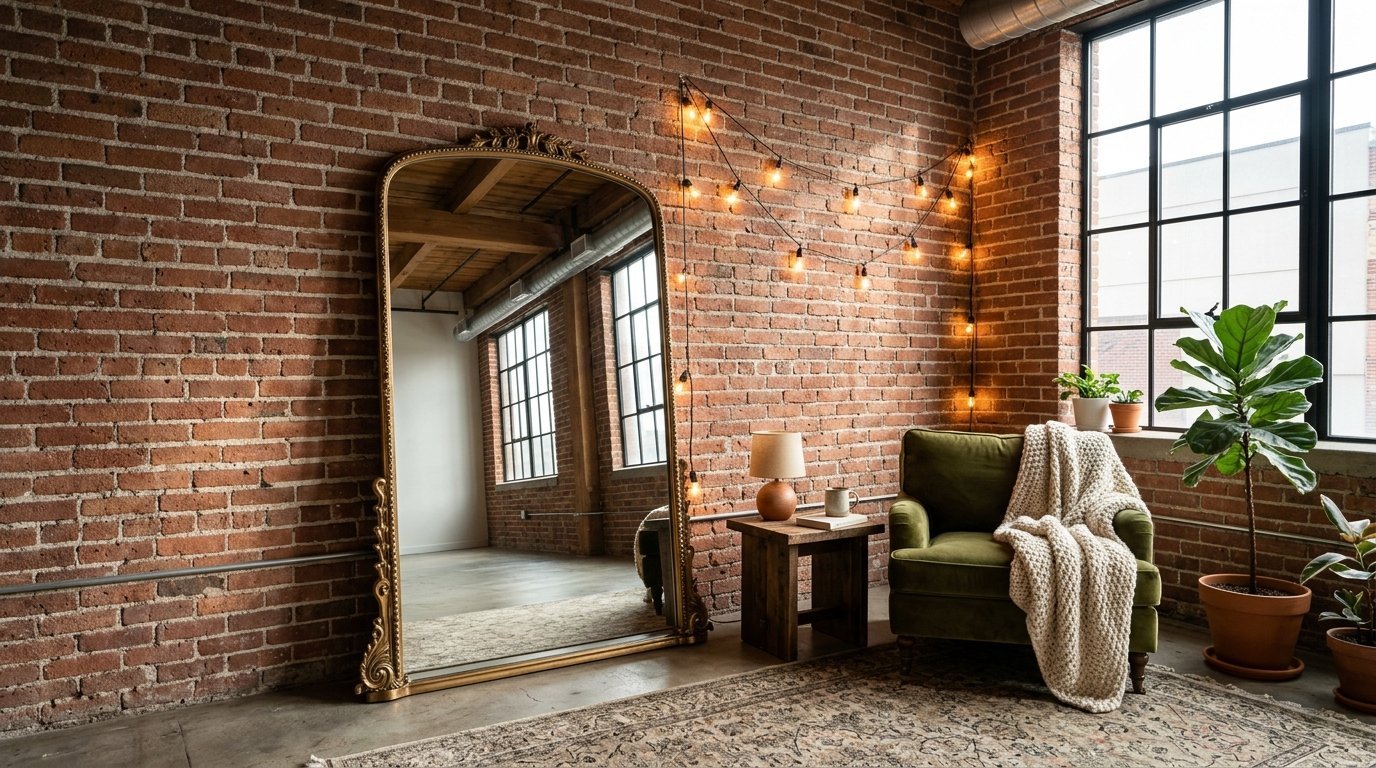 An olive green velvet armchair with a knitted throw blanket sits beside a tall, arched gold floor mirror in a brick loft.
