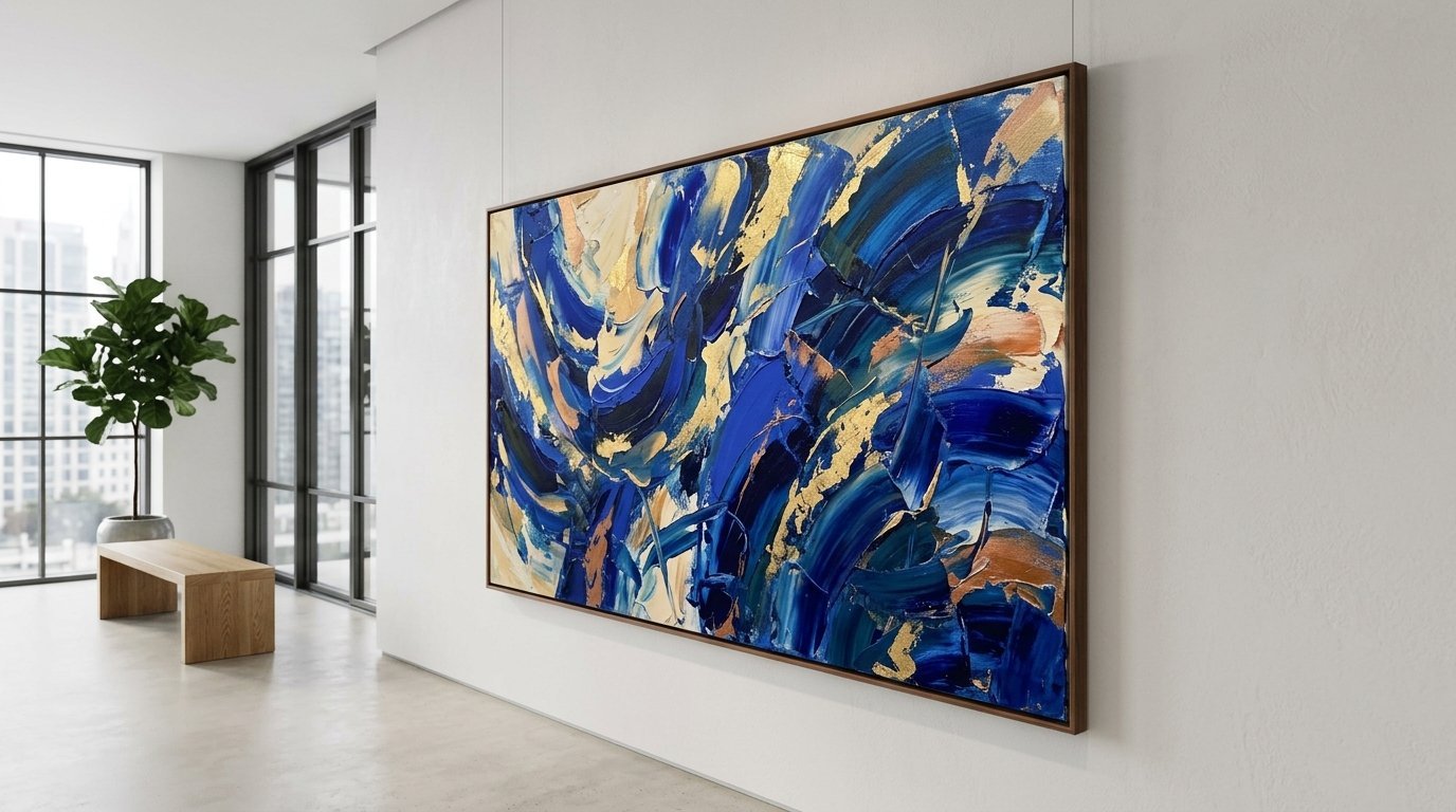 A framed abstract painting with blue and gold impasto brushstrokes hangs on a clean white office wall.