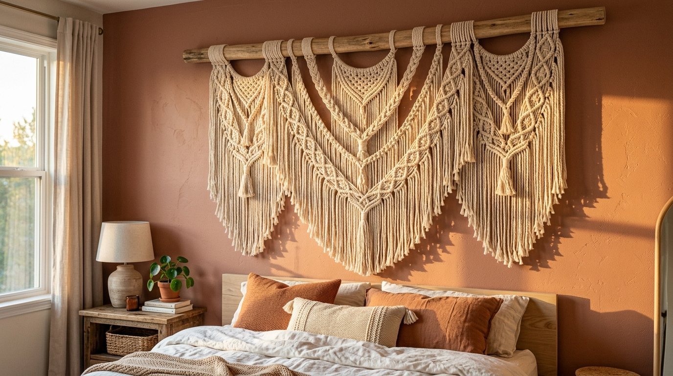 Cream colored macrame tapestry hanging on a terracotta wall above a bed with rustic throw pillows.